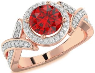 Diamond Ruby Rose Gold Halo Round Pave Engagement Ring