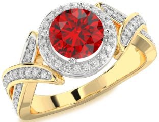 Diamond Ruby Platinum & Yellow Gold Halo Round Pave Engagement Ring