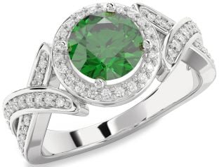 Diamond Emerald Silver Halo Round Pave Engagement Ring