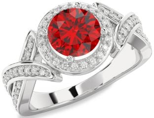 Diamond Ruby Platinum Halo Round Pave Engagement Ring