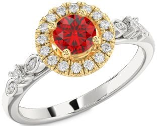Diamond Ruby Platinum & Yellow Gold Halo Round Engagement Ring