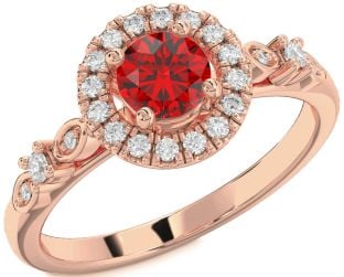 Diamond Ruby Rose Gold Halo Round Engagement Ring