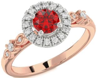 Diamond Ruby Platinum & Rose Gold Halo Round Engagement Ring
