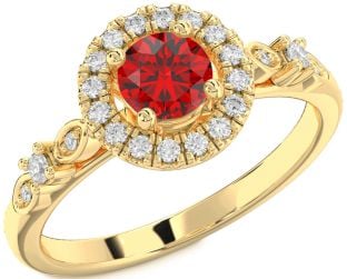 Diamond Ruby Gold Halo Round Engagement Ring