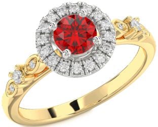 Diamond Ruby Platinum & Yellow Gold Halo Round Engagement Ring