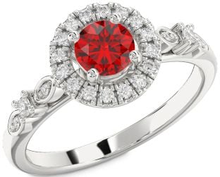 Diamond Ruby Platinum Halo Round Engagement Ring