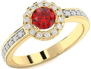 Diamond Ruby Gold Halo Round Pave Engagement Ring