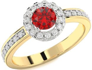 Diamond Ruby Platinum & Yellow Gold Halo Round Pave Engagement Ring