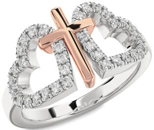 Diamond Platinum & Rose Gold Heart Cross Ring