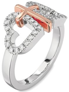 Diamond Platinum & Rose Gold Heart Cross Ring