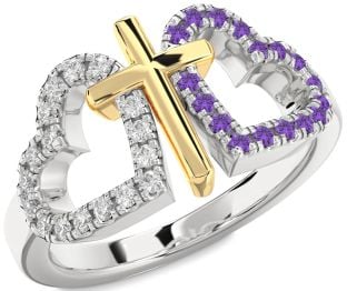 Diamond & Amethyst Silver & 10K gold Heart Cross Promise Ring