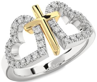 Diamond Silver & 10K gold Heart Cross Ring