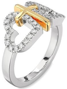 Diamond Silver & 10K gold Heart Cross Ring