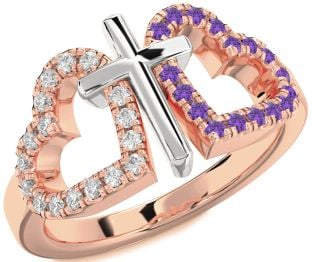 Diamond & Amethyst Platinum & Rose Gold Heart Cross Promise Ring