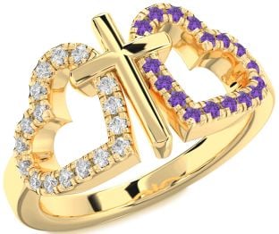 Diamond & Amethyst Gold Heart Cross Promise Ring