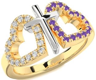 Diamond & Amethyst Platinum & Yellow Gold Heart Cross Promise Ring