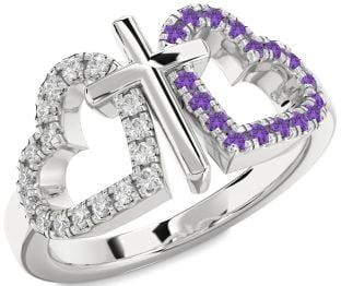 Diamond & Amethyst Platinum Heart Cross Promise Ring