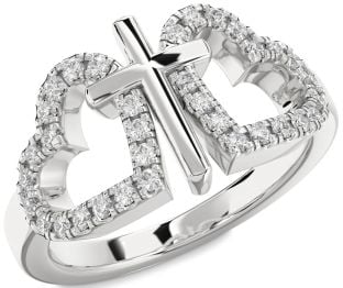 Diamond Silver Heart Cross Ring