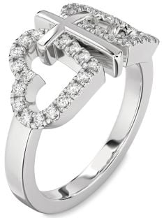 Diamond Silver Heart Cross Ring