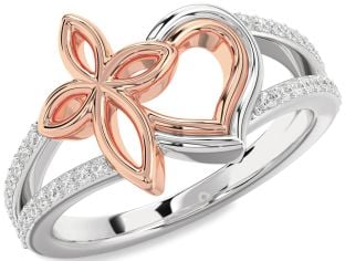 Diamond Platinum & Rose Gold Heart Cross Ring
