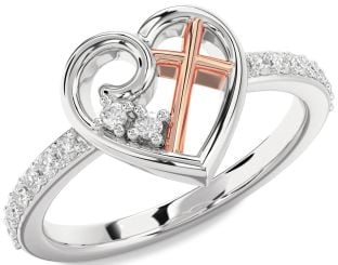 Diamond Platinum & Rose Gold Heart Cross Ring