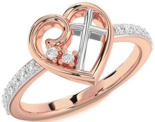 Diamond Platinum & Rose Gold Heart Cross Ring