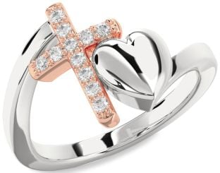 Diamond Platinum & Rose Gold Heart Cross Ring