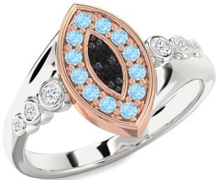 Black Diamond & Aquamarine Platinum & Rose Gold Evil Eye Ring