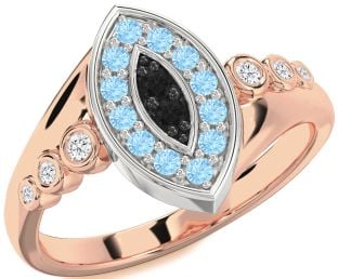 Black Diamond & Aquamarine Platinum & Rose Gold Evil Eye Ring