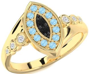 Black Diamond & Aquamarine Gold Evil Eye Ring