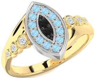 Black Diamond & Aquamarine Platinum & Yellow Gold Evil Eye Ring