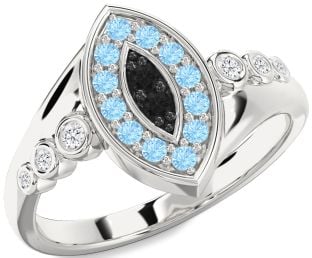 Black Diamond & Aquamarine Platinum Evil Eye Ring