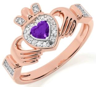 Diamond Amethyst Rose Gold Silver Claddagh Ring