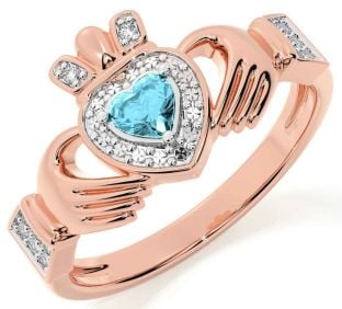 Diamond Aquamarine Rose Gold Silver Claddagh Ring