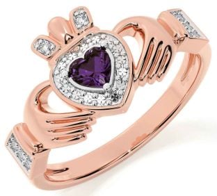 Diamond Alexandrite Rose Gold Silver Claddagh Ring