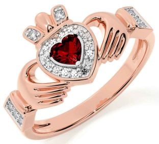 Diamond Garnet Rose Gold Silver Claddagh Ring