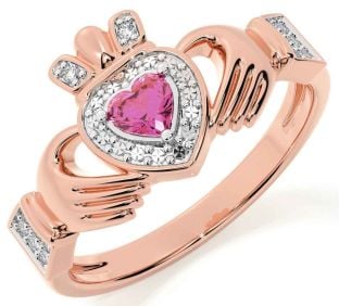 Diamond Pink Tourmaline Rose Gold Silver Claddagh Ring