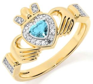 Diamond Aquamarine Gold Silver Claddagh Ring