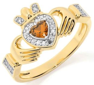 Diamond Citrine Gold Silver Claddagh Ring