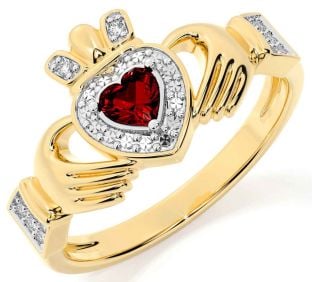 Diamond Garnet Gold Silver Claddagh Ring