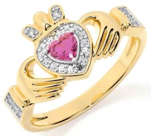 Diamond Pink Tourmaline Gold Silver Claddagh Ring