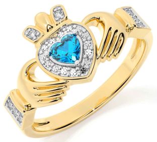 Diamond Topaz Gold Silver Claddagh Ring