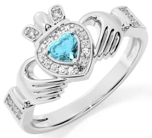 Diamond Aquamarine Silver Claddagh Ring