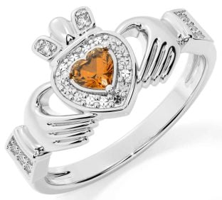 Diamond Citrine Silver Claddagh Ring