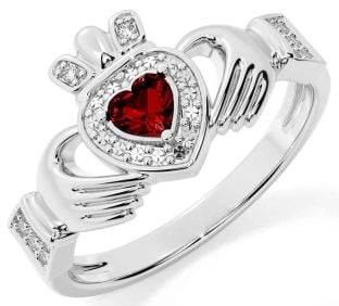 Diamond Garnet Silver Claddagh Ring