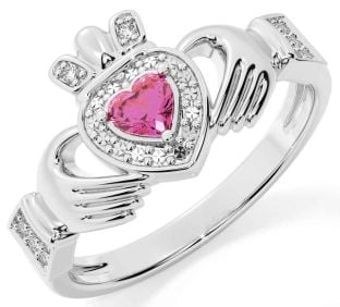 Diamond Pink Tourmaline Silver Claddagh Ring