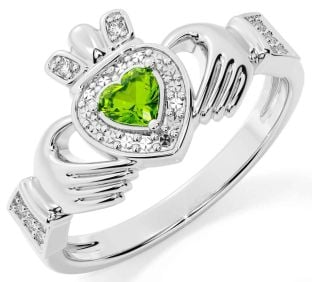 Diamond Peridot Silver Claddagh Ring