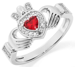 Diamond Ruby Silver Claddagh Ring