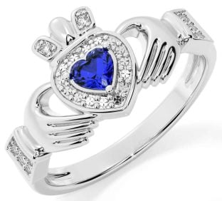 Diamond Sapphire Silver Claddagh Ring