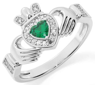 Diamond Emerald White Gold Claddagh Ring